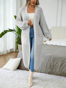 Calvaya Áo khoác cardigan dài tay trễ vai màu trơn cỡ lớn cho nữ, dáng rộng, mùa thu/đông - Màu Xám nhạt - Xem 4