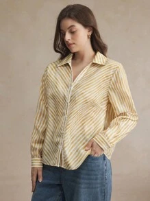 BizChic 1 件女士条纹印花优雅商务衬衫 - 卡其色 - 查看 3