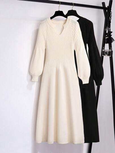SHEIN Clasi Plus Size Women V-Neck Long Sleeve Knitted Midi Dress, For Winter
