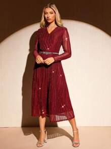 SHEIN Clasi Đầm midi vải Lurex bạc cổ chữ V tay dài dáng chữ A cho nữ, thời trang thanh lịch cho tiệc thu/đông, Halloween, hẹn hò - Màu Đỏ Sâu - Xem 5