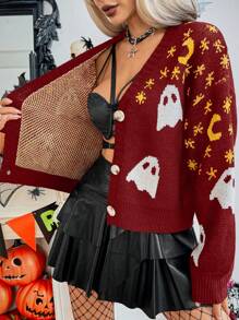 Chiquease 女式 V 领纽扣长袖开衫，带有幽灵、月亮和星星万圣节主题 - 彩色 - 查看 6