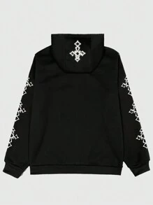 ROMWE MEN Men's Front Zip Up Letter Print Hooded Casual Sweatshirt - Black - View 2