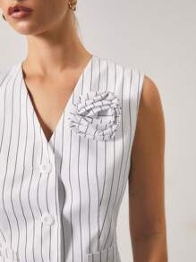 SURIMA Women 3D Floral Decor Striped V-Neck Buttoned Vest & Pants Sets, Casual/Office Wear