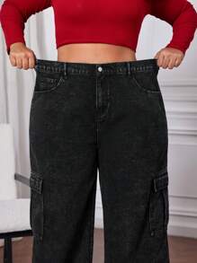 SHEIN CURVE+ Pantalones cargo de pierna ancha de talla grande de mezclilla negra para mujer
