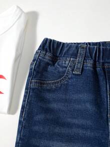 Jeans De Lavado De Bigotes De Gato Para Niña Pequeña - Azul lavado oscuro - Ver 5