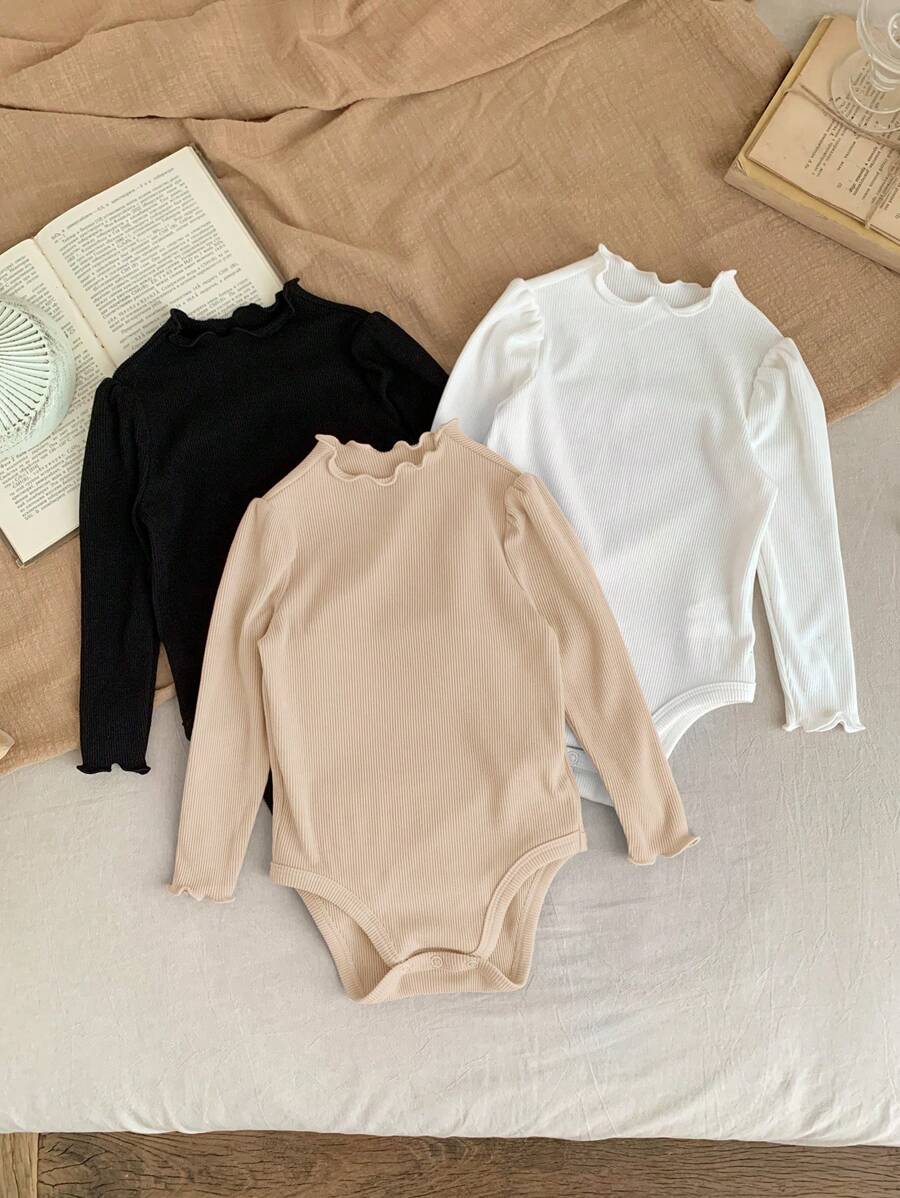 SHEIN LMoss Kids LMoss 3pcs Newborn Baby Girl Cute Knitted Elastic Solid Color Open Crotch Bodysuit Set For Autumn/Winter