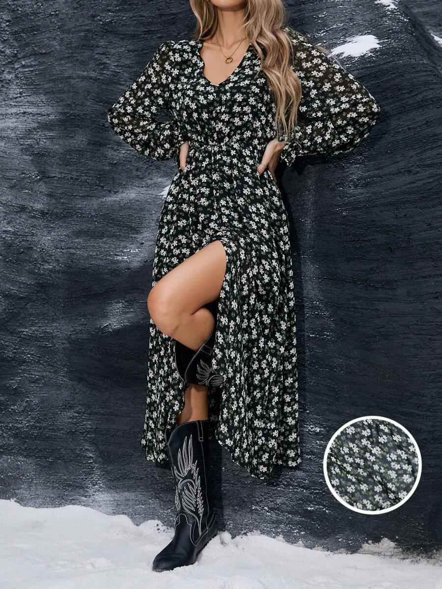 GENKIRA 法式优雅简约花卉 V 领收腰袖口设计长袖连衣裙，适合女士教师连衣裙，优雅 - 綠色 - 查看 1