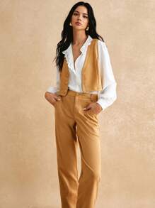 Poéselle 春季黄色法式两件套女士麂皮休闲前扣无袖露脐上衣和直筒裤，女士无袖上衣和裤子套装，春季麂皮套装，春季服装，女士西式服装 - 卡其色 - 查看 7