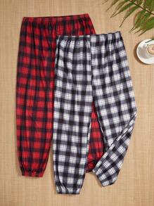 2pcs/Set Plus Size Plaid Pattern Drawstring Lounge Pants - Multicolor - View 1