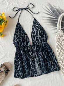 Soleia Casual Halter Leopard Print Backless Tank Top - Light Grey - View 1