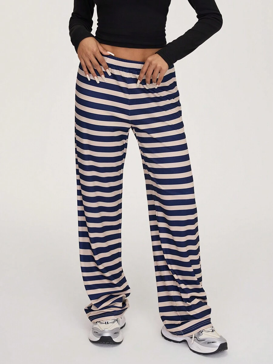 SHEIN BASICS 休闲条纹直筒宽松低腰女裤 - 彩色 - 查看 1