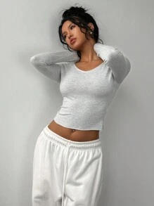 SHEIN BASICS 女式修身 V 领长袖纯色针织 T 恤 - 淺灰色 - 查看 3