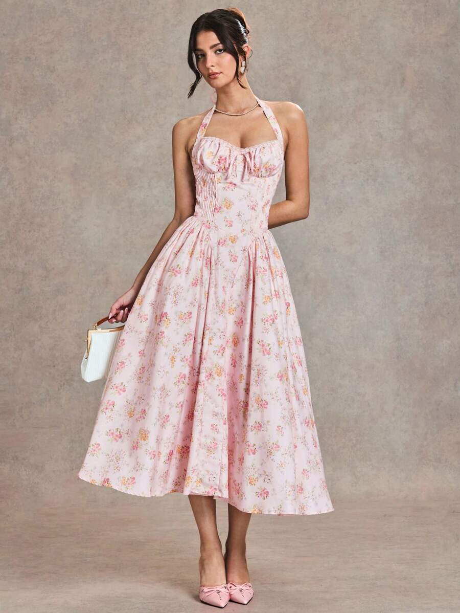 SHEIN BAE 纯粉色和碎花荷叶边领口系带蕾丝泡泡袖长裙，适合鸡尾酒会、浪漫约会、针织连衣裙下分层、派对、新娘送礼会、万圣节、圣诞节 - 淺粉色 - 查看 1