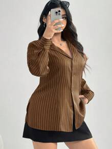 SHEIN EZwear 大码纽扣前尖领长袖条纹休闲衬衫 - 棕色 - 查看 3