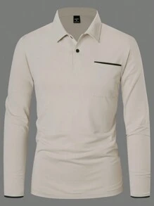 Manfinity Homme 男士休闲拼色口袋长袖纽扣 Polo 衫，秋季，适合外出 - 杏色 - 查看 4