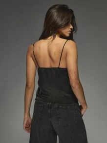 MISSGUIDED Elegant Lace Trim Satin Camisole Top Lingerie Style Evening Wear Adjustable Spaghetti Straps V Neck Sleeveless Classic Tank Top Festival Summer Spring Fall - Black - View 2