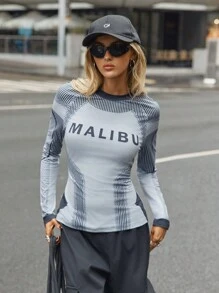 SHEIN Unity T-shirt à manches longues décontracté et sportif pour femmes, avec imprimé lettre et rayures, col rond - Multicolore - Voir 5