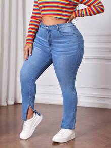 SHEIN CURVE+ Plus Size Women Basic Blue Denim Skinny Stretch Jeans - Light Wash - View 6