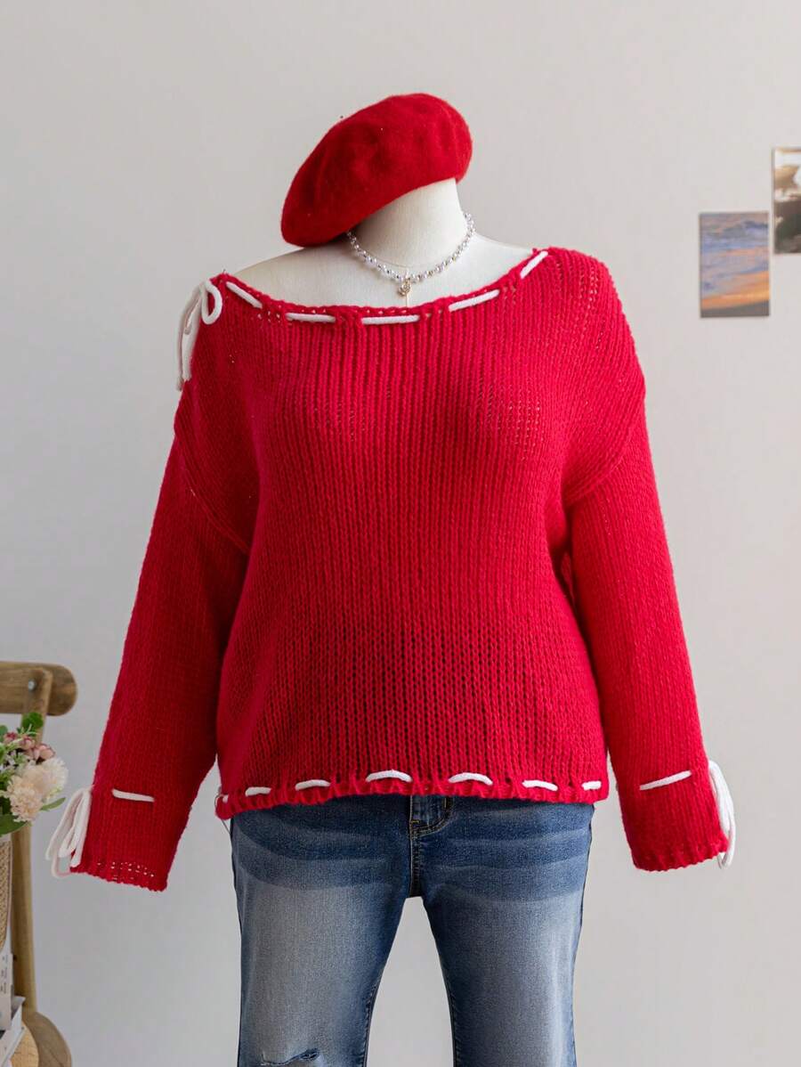 Soleia Vacation Plus Size Women's Casual PLUS White Apricot&Pink Contrast Asymmetric Shoulder Warm Soft Pullover Sweater - Red - View 1