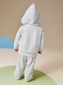 SHEIN 2pcs/Set Baby Boy Neutral Casual All-Match Minimalist Letter B Embroidered Patch Hoodie Jacket And Pants Set, Suitable For In Autumn/Winter - Grey - View 2