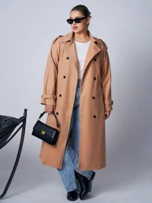 SHEIN EZwear 秋冬季大码棕色休闲风衣 - 棕色 - 查看 5