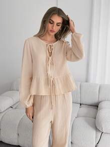 SHEIN Essnce 女士連衣裙套裝，拼接吊帶帶襯衫和高腰褲，休閒版型，圓領，2024年春季休閒裝 - 杏色 - 查看 4