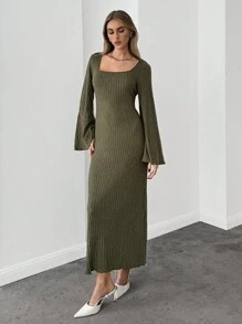 SHEIN Essnce Square Neck Trumpet Sleeve Lettuce Trim Bodycon Dress