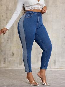 SHEIN SXY 大码女式弹力蓝色牛仔紧身裤，侧面有个性化拼接 - 藍色 - 查看 3