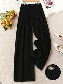 SHEIN LUNE Plus Size Solid Color Button Pleated Loose Office Pants - Black - View 1