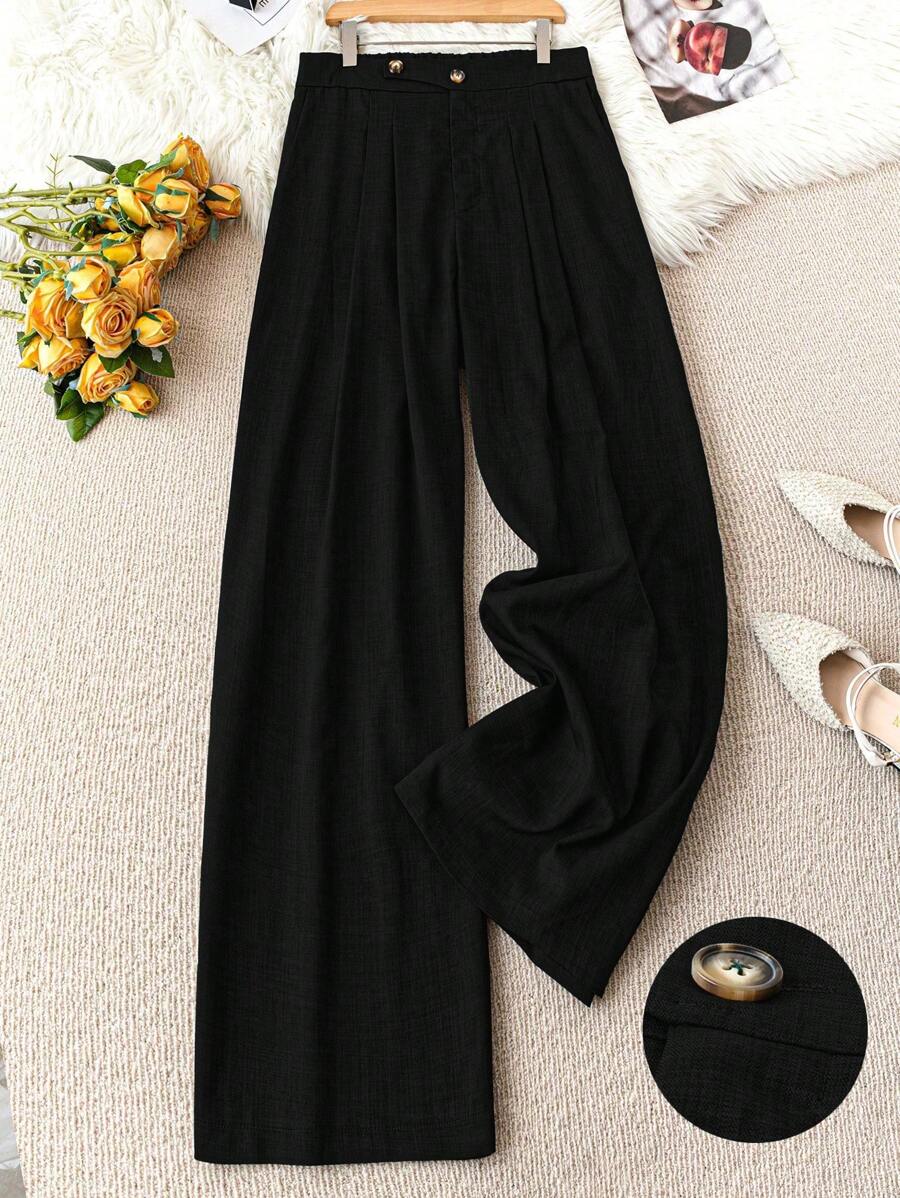 SHEIN LUNE Plus Size Solid Color Button Pleated Loose Office Pants - Black - View 1
