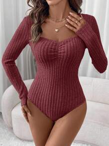 SHEIN LUNE 1 件女式保暖内衬罗纹高领紧身连身衣，驼色，秋冬 - 紅色 - 查看 3