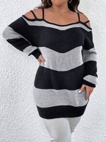 SHEIN LUNE Áo len chui đầu in sọc rỗng màu tương phản cỡ lớn thường ngày - Nhiều màu - Xem 6