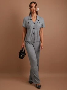 COSMINA Women 2pcs/Set Casual Solid Color Short Sleeve Top And Pants Set, Autumn - Grey - View 5