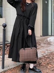 DAZY Women Solid Color Crew Neck Drawstring Long Sleeve Hoodie Midi Dress, Autumn & Winter,Fall Women Clothes - Black - View 3