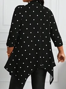 SHEIN Lady Plus Size Black Polka Dots Cardigan With Mid-Length Sleeves & Metal Buckle, Asymmetric Hem Women's Coat Fall Women Outfits Fall Outfits Going Out Outfits Winter Fall Women Clothes Winter Clothes For Women