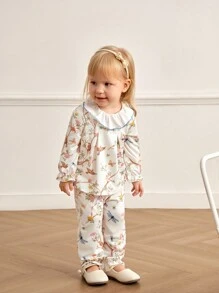 Toddler Girls 2pcs Set Fresh Floral & Branch Print Blouse And Solid Ruffle Collar Long Sleeve Loose Pants, Suitable For Outings Or Casual Indoor Wear, Applicable For All Seasons - Multicolor - View 5