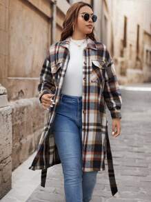 SHEIN VCAY Plus Size Fall/Winter Colorful Plaid Casual Mid-Length Belted Warm Coat - Red - View 1
