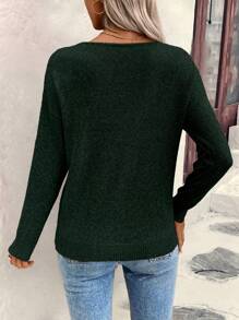 EMERY ROSE Women Loose Hollow Out Geometric Texture V-Neck Sweater, Casual Knit Pullover Fall Winter - Dark Green - View 2