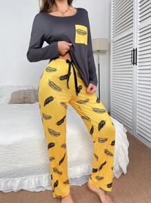 Feather Pattern Women Crew Neck Long Sleeve Top With Pocket & Pants Pajama Set, Fall Clothes
