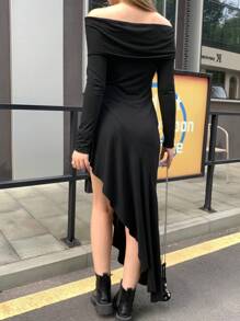 INAWLY Women's Elegant Solid Color Off Shoulder Ruffle Hem Asymmetric Dress, Autumn - Black - View 2