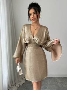 Selianne 1 chiếc váy ngắn cổ chữ V tay lỡ thanh lịch cho tiệc tùng/đi làm/dạo phố dành cho nữ, trang phục dự tiệc ngày lễ năm mới - Vàng - Xem 6