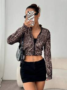 Chiquease 1pc Women Leopard Print Bomber Jacket, Fashionable Long Sleeve Zip-Up High-End Sporty Jacket, Random Floral Patterns Fall Cloth For Women - Multicolor - View 3
