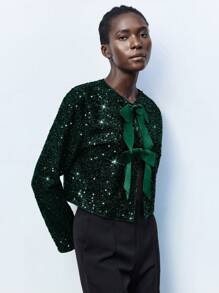Maija Women's Elegant Long Sleeve Jacket With Glitter And Bow Decoration, Suitable For Early Spring Business Casual Women's Wear, Office Wear, Low-Key Old Money Style, Effortless Temperament, High-End Urban Commuting, The Same Style As The Editor-In-Chief Of The Magazine, Urban Social Vacation Party Wear, Charming, Low-Key And Durable Basic Style, Versatile And Not Picky Clothing, Street Fashion Wear, Clothing, Coffee Shop, Relaxed Wear