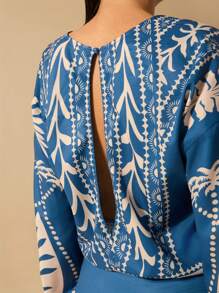 CAJUNI 女式波西米亚风鹦鹉椰子树印花系带深 V 领灯笼袖蓝色度假休闲夏日海滩