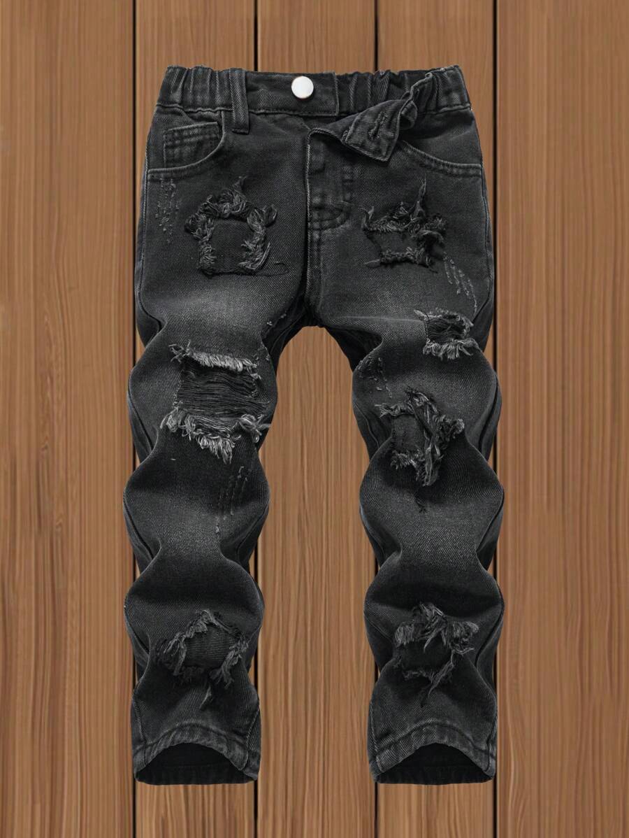 Young Boys Black High Street Straight Leg Star Embroidered Distressed Knee Ripped Jeans - Black - View 1