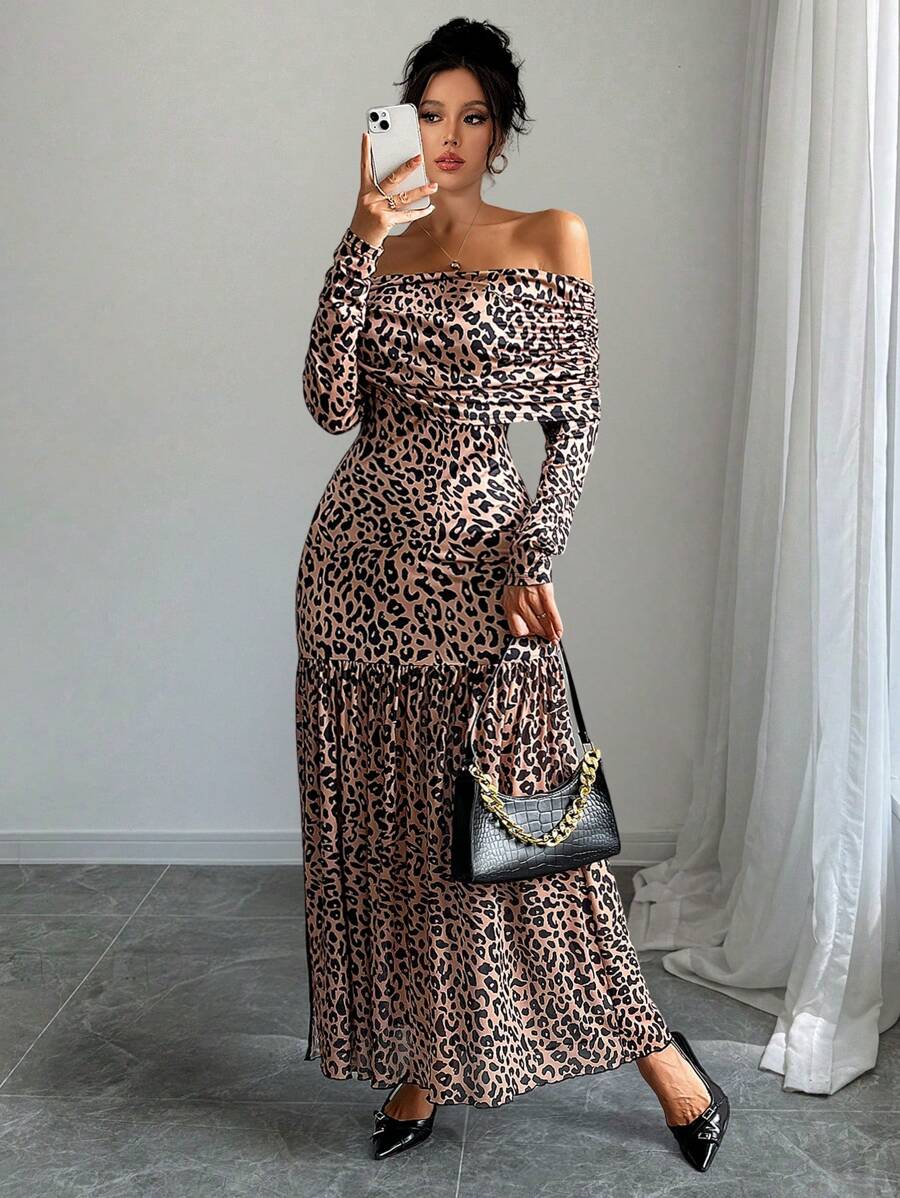 SHEIN Unity فستان للنساء طويل الأكمام بتصميم مربوط البرقبة، بنمط جلد النمر متقطع، قماش شبكي ومكسرات، قُصّ جانبي - بني - مشاهدة 1