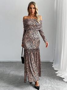 SHEIN Unity فستان للنساء طويل الأكمام بتصميم مربوط البرقبة، بنمط جلد النمر متقطع، قماش شبكي ومكسرات، قُصّ جانبي - بني - مشاهدة 4