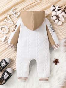 Áo khoác trùm đầu họa tiết sọc dài tay màu xanh và trắng dệt kim họa tiết chữ cái thường ngày cho bé trai và bé gái 6 tháng - 3 tuổi, quần áo thu đông - Màu Khaki - Xem 2