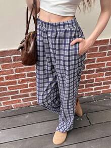 SHEIN EZwear Women's Fall Loose Fit Regular Length Plaid Pants, Autumn - Blue - View 1