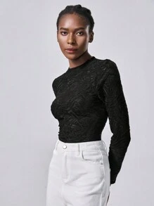 Chiquease 1 件女式纹理褶皱长袖 T 恤，黑色，针织纹理褶皱，常规版型，休闲通勤装 - 黑色 - 查看 3